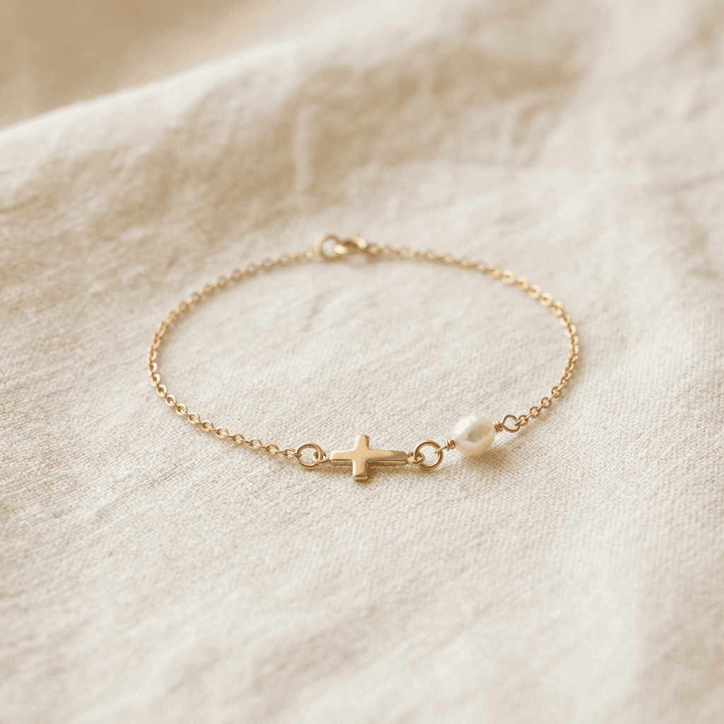 a delicate gold bracelet with a cross charm and pearl on ivory linen